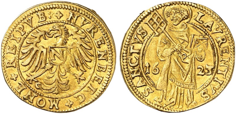 Goldgulden 1623.
Friedb. 1817, Kellner 31, Slg. Erl. 337 Gold Prüfspur am Rand,...