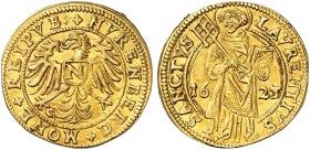 Goldgulden 1623.
Friedb. 1817, Kellner 31, Slg. Erl. 337 Gold Prüfspur am Rand, ss - vz
