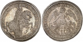 Doppeltaler 1627, mit Kaiser Ferdinand II. zu Pferd.
Dav. A 5640, Kellner 224, Slg. Erl. 344 schöne Patina, min. ZE, vz+