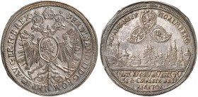 Taler 1629 (Chronogramm), mit Brustbild und Titel Ferdinand II. / Stadtansicht.
Dav. 5644, Kellner 237, Slg. Erl. 430 schöne Patina, min. ZE, vz+