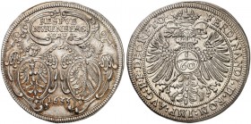 Guldentaler zu 60 Kreuzer 1633, mit Titel Ferdinand II.
Dav. 91, Kellner 203, Slg. Erl. 363 min. Sfr., vz