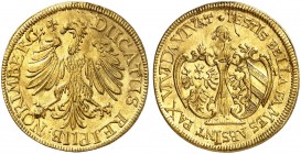 Dukat 1635 (Chronogramm), "Friedenswunsch".
Friedb. 1827, Kellner 59, Slg. Erl. 353 Gold l. gewellt, vz+