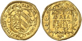 Dukat 1636, "Friedenswunsch".
Friedb. 1828, Kellner 60, Slg. Erl. 357 Gold l. gewellt, vz+