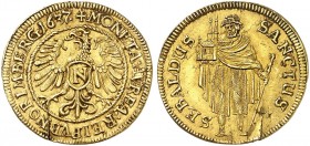 Goldgulden 1637.
Friedb. 1818, Kellner 35, Slg. Erl. - Gold, RRR ! kl. SR, ss - vz