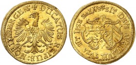 Dukat 1640 (Chronogramm), "Friedenswunsch".
Friedb. 1826, Kellner 63, Slg. Erl. 515 Gold Stempelfehler, f. St