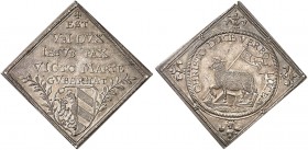 Silberabschlag von den Stempeln der Dreifachen Dukatenklippe 1648 (Chronogramm), auf den Westfälischen Frieden.
Kellner 43, Slg. Erl. 521, Deth./Ord....