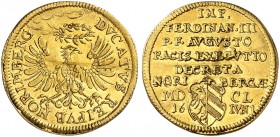 Dukat 1650, mit Titel Ferdinand III., auf den Friedensexekutionshauptrezeß.
Friedb. 1839, Kellner 68b, Slg. Erl. 533, Deth./Ord. 141 Gold l. gewellt,...