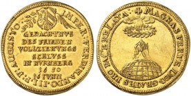 Doppeldukat 1650, mit Titel Ferdinand III., auf den Friedensexekutionshauptrezeß.
Friedb. 1837, Kellner 50, Slg. Erl. 525, Deth./Ord. 144 Gold winz. ...