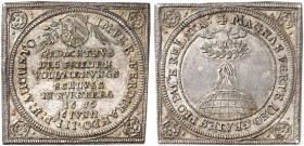 Silberabschlag von den Stempeln der Dreifachen Dukatenklippe 1650, mit Titel Ferdinand III., auf den Friedensexekutionshauptrezeß.
Kellner 44, Slg. E...