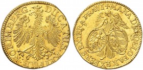 Dukat 1686 (Chronogramm).
Friedb. 1855, Kellner 69, Slg. Erl. 580 (dieses Expl.) Gold, RRR ! l. beschnitten, ss - vz