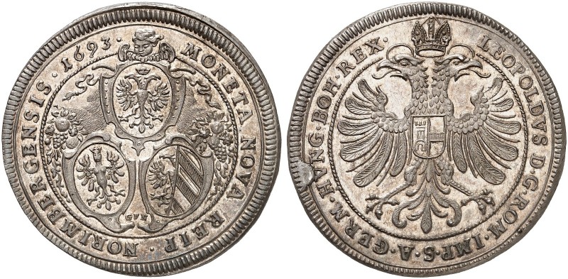 1/2 Taler 1693, mit Titel Leopold I.
Kellner 286, Slg. Erl. 641 Prachtexemplar ...