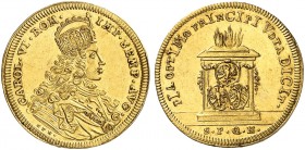 Dukat 1712 (Chronogramm), mit Brustbild und Titel Karl VI., auf die Huldigung.
Friedb. 1900, Kellner 76, Slg. Erl. 673 Gold vz - St