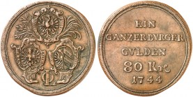 Bürgergulden zu 80 Kreuzer 1744.
Kellner 424, Slg. Erl, 892 ss+