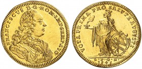 Dukat 1745, mit Brustbild und Titel Franz I., auf die Huldigung.
Friedb. 1909, Kellner 79, Slg. Erl. 701 Gold vz - St