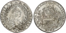 20 Kreuzer 1763, mit Brustbild und Titel Franz I.
Kellner 356, Slg. Erl. 720 f. St