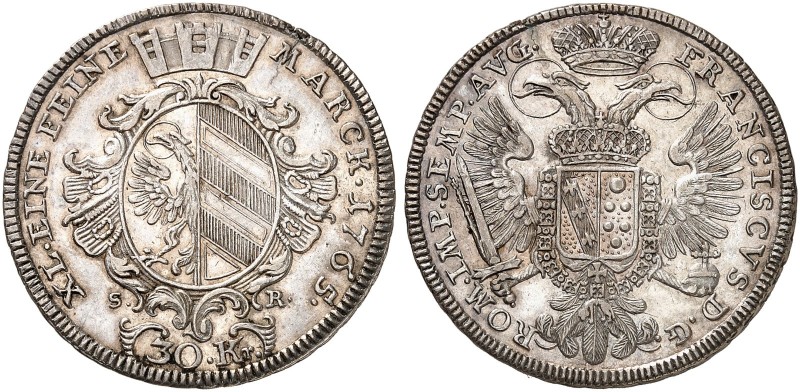 30 Kreuzer 1765, mit Titel Franz I.
Kellner 355, Slg. Erl. 718 kl. Sfr., vz