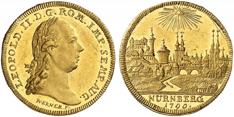 Dukat 1790, mit Brustbild und Titel Leopold II. / Stadtansicht.
Friedb. 1913, K...