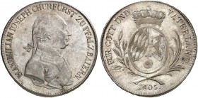 BAYERN. Maximilian IV. (I.) Joseph, 1799-1825. 
Konventionstaler 1805.
Thun 39, Dav. 547, AKS 9, Hahn 432 min. justiert, vz - prfr
