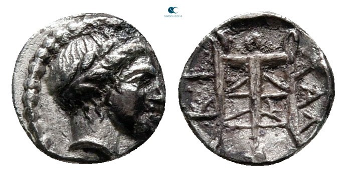 Macedon. Chalkidian League. Olynthos 398-352 BC. 
Hemiobol AR

6 mm, 0,28 g
...