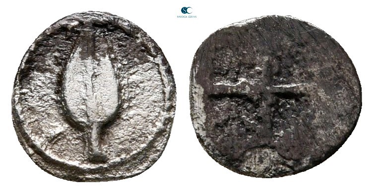 Kings of Macedon. Aigai. Alexander I 498-454 BC. 
Hemiobol AR

7 mm, 0,23 g
...