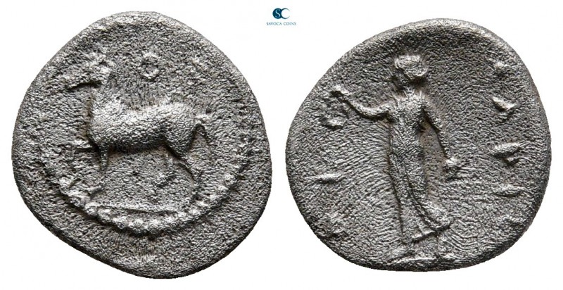 Thessaly. Larissa 420-400 BC. 
Obol AR

11 mm, 0,90 g

Horse prancing left ...