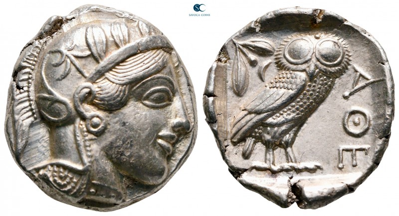Attica. Athens circa 454-404 BC. 
Tetradrachm AR

25 mm, 17,21 g

Head of A...