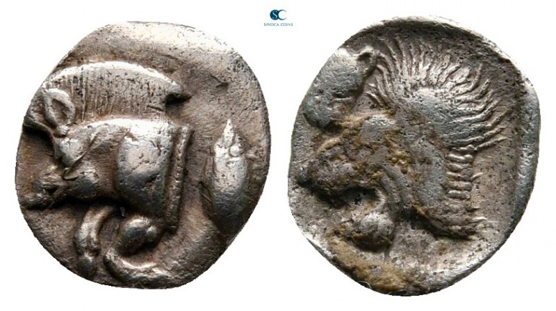 Mysia. Kyzikos circa 450-400 BC. 
Hemiobol AR

9 mm, 0,40 g

Forepart of bo...