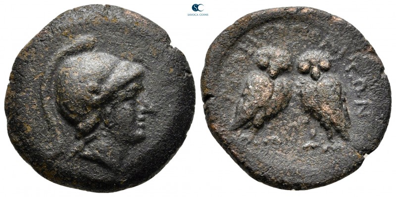 Mysia. Miletopolis circa 200-100 BC. 
Bronze Æ

23 mm, 9,24 g

Helmeted hea...