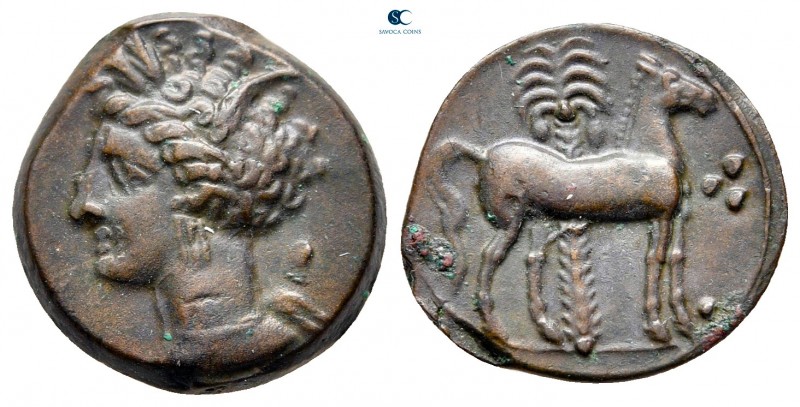 Zeugitana. Carthage 400-350 BC. 
Bronze Æ

15 mm, 2,91 g

Head of Tanit to ...