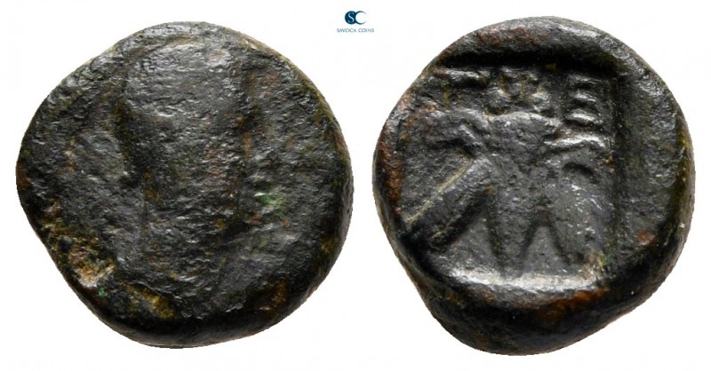 Lycia. Telmessos circa 200-0 BC. 
Bronze Æ

11 mm, 1,47 g

Head of Hermes r...