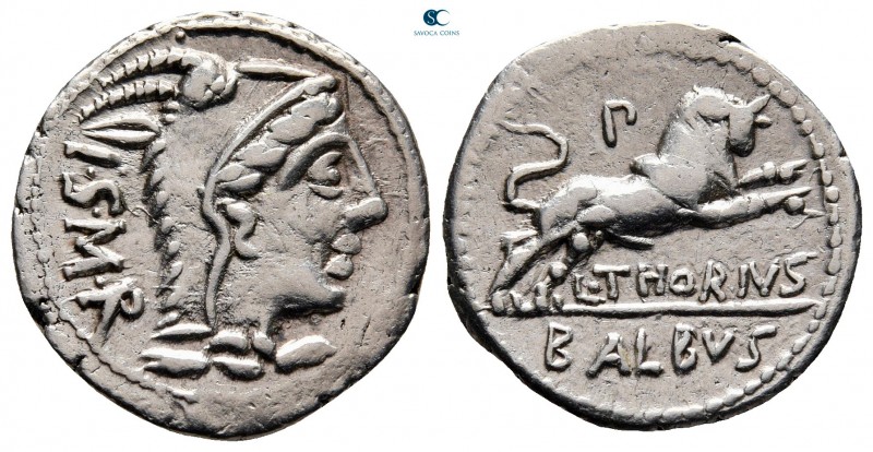 L. Thorius Balbus 105 BC. Rome
Denarius AR

20 mm, 3,91 g

Head of Juno Sos...