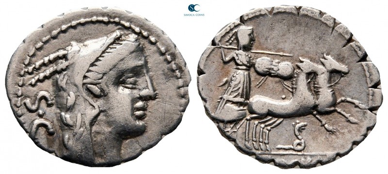 L. Procilius 80 BC. Rome
Serrate Denarius AR

20 mm, 3,09 g

Head of Juno S...