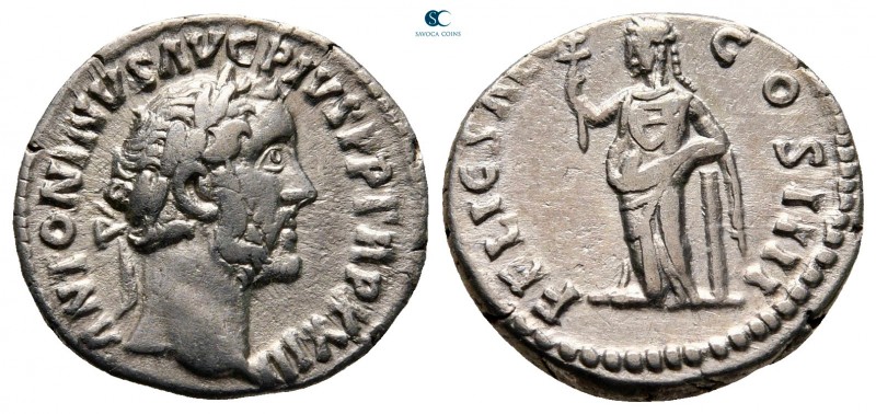 Antoninus Pius AD 138-161. Rome
Denarius AR

17 mm, 3,05 g

ANTONINVS AVG P...