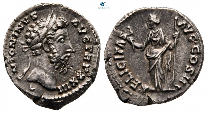 Marcus Aurelius AD 161-180. Rome
Denarius AR

18 mm, 3,41 g

M ANTONINVS AV...