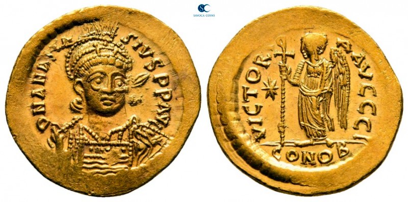 Anastasius I AD 491-518. Constantinople
Solidus AV

20 mm, 4,50 g

D N ANAS...