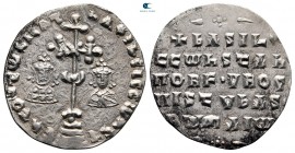 Basil II Bulgaroktonos, with Constantine VIII AD 976-1025. Constantinople. Miliaresion AR