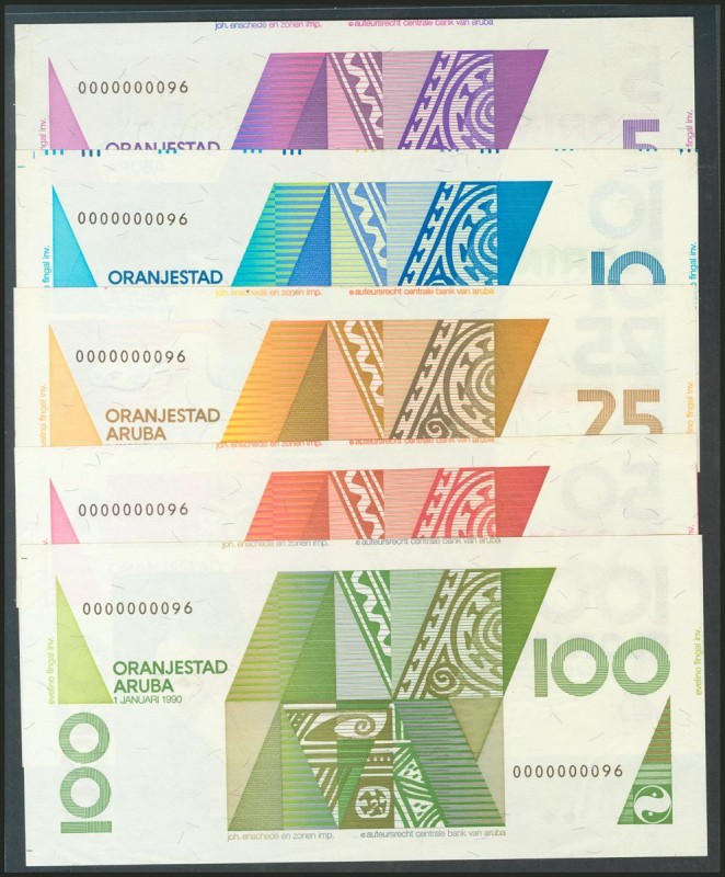 ARUBA. Set of 5 banknotes, all with the same numbering. Very Fine.
