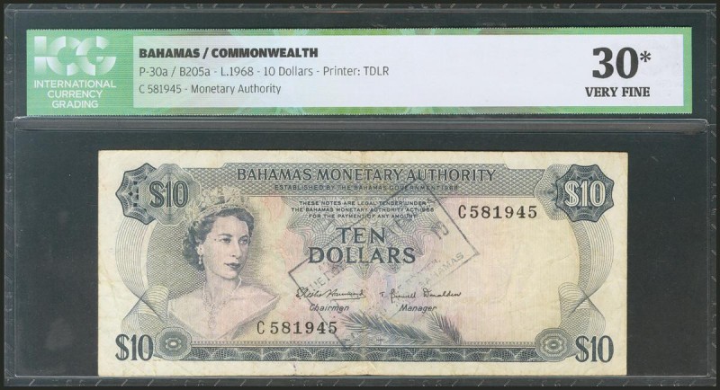 BAHAMAS. 10 Dollar. 1968. (Pick: 30a). ICG30* (bank stamp on face).