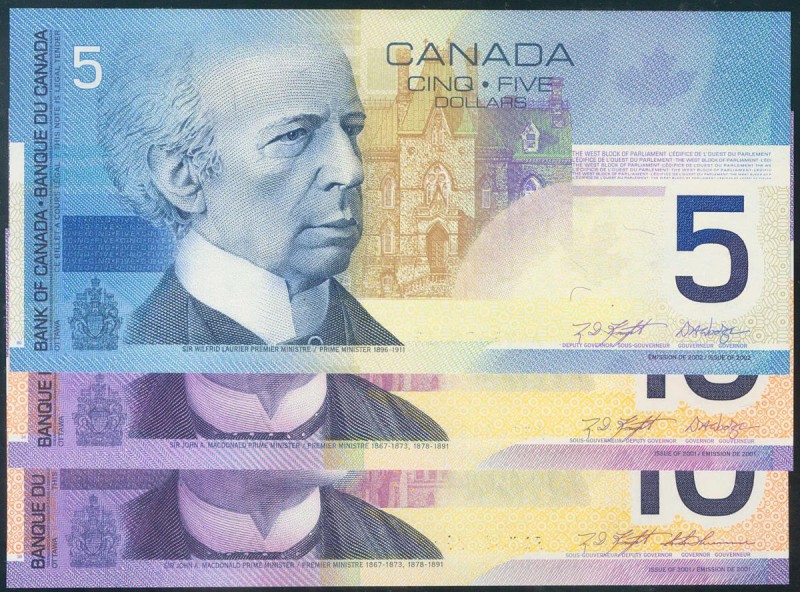 CANADA. Set of 3 banknotes, issued in 2001 and 2002. 5 and 10 Dollars (2). Uncir...