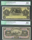 COSTA RICA. BANCO DE COSTA RICA. Set of 2 banknotes of 5 and 20 Pesos. 1 April 1899. (Pick: s163r1/s165r). ICG63 (both).