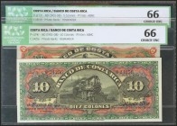 COSTA RICA. BANCO DE COSTA RICA. Set of 2 banknotes of 5 and 10 Colones. (1901-1908). (Pick: s173r/s174r). ICG66 (both).