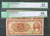 COSTA RICA. Set of 2 banknotes of 5 Colones. 1943/1949. One of them is Specimen. (Pick: 209s/209c). ICG/63 (both).
