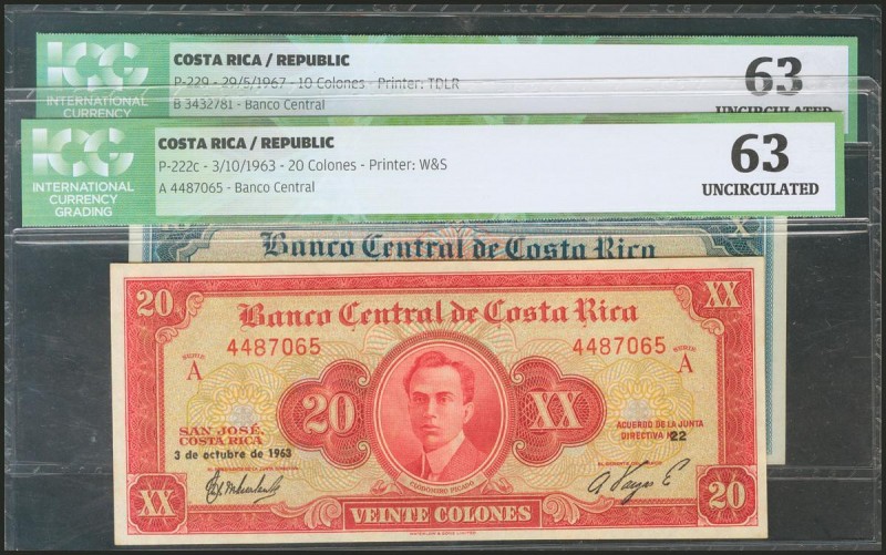 COSTA RICA. Set of 2 banknotes of 10 and 20 Colones. 1967/1963. (Pick: 229/ 222c...