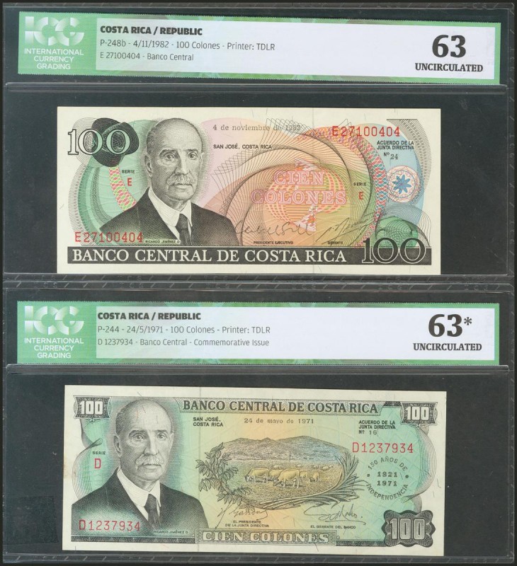 COSTA RICA. Set of 2 banknotes of 100 Colones. 1971/1982, one of them is a comme...