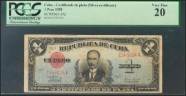 CUBA. 1 Peso. 1938. Certificado de Plata. (Pick: 69d). PCGS20.