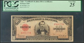 CUBA. 10 Pesos. 1943. Certificado de Plata. (Pick: 71e). PCGS25.