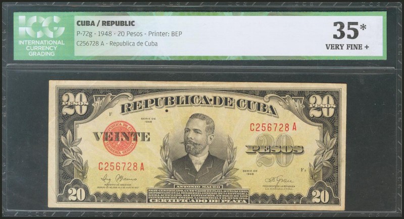 CUBA. 20 Pesos. 1948. (Pick: 72g). ICG35* (two small insect holes).