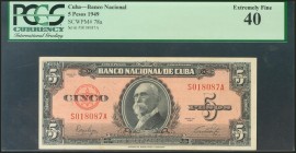 CUBA. 5 Pesos. 1949. (Pick: 78a). PCGS40.