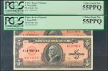 CUBA. Set of 2 banknotes of 5 Pesos. 1950. Correlative pair. (Pick: 78B). PCGS55PPQ (both).