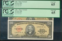 CUBA. Set of 2 banknotes of 20 Pesos. 1960. Correlative pair. (Pick: 80c). ICG65 (both) (small hole).
